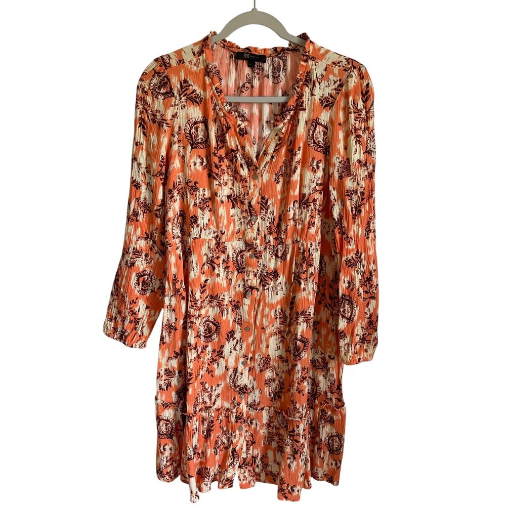 Frye Button Front Dress Sz L Pockets Tiered Orange Cream Boho Festival Floral